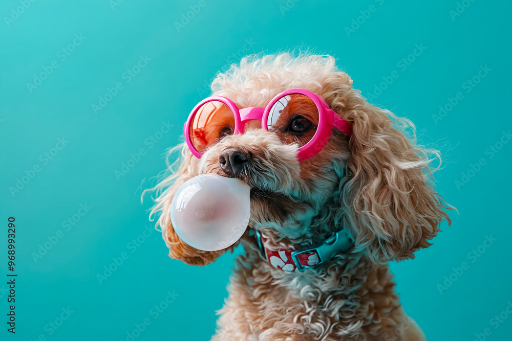 Poster A dog wearing pink glasses blowing bubbles