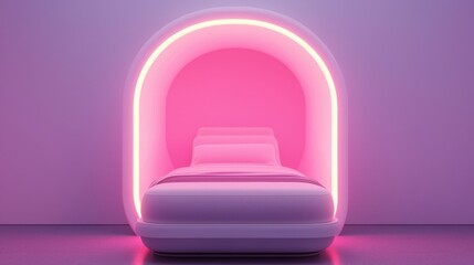 Futuristic Relaxation Pod with Robotic Massage and Neon Ambient Sounds for Stress Relief. Copy Space Available.