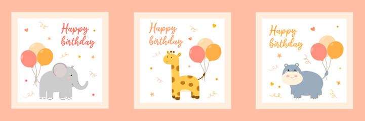 Set of Birthday greeting card with cute character animals, balloons and confetti. Giraffe, elephant, hippo. Cute cards for kids with funny animals. Vector illustration, flat style.