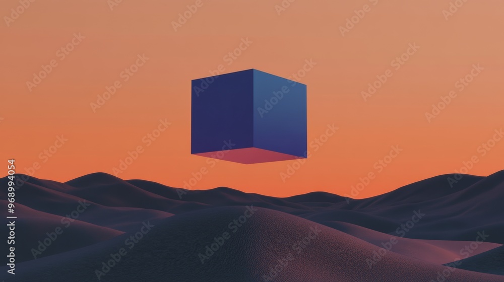 Poster chrome cube flying over alien planet terrain. 80s styled retro sci-fi landscape with mountains and t