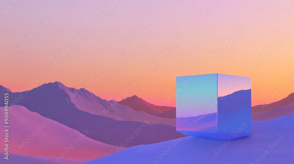 Poster a mysterious chrome cube flies over alien planet terrain. a retro sci-fi landscape with mountains an