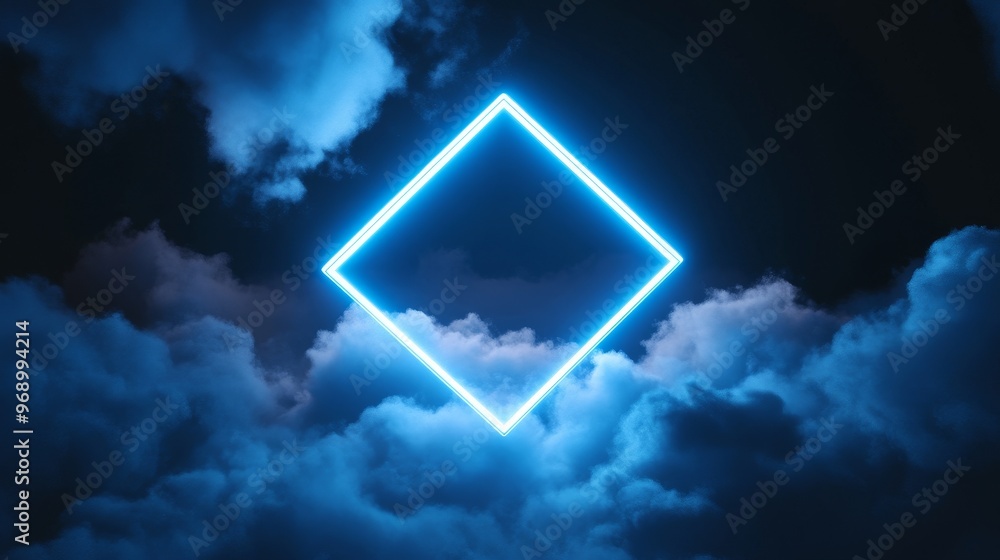 Poster using 3d rendering, abstract futuristic background with neon geometric shape and stormy cloud on nig