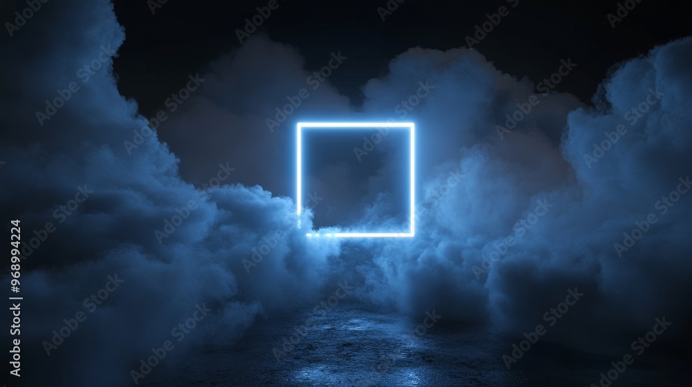 Poster an abstract futuristic background with neon geometric shapes and stormy clouds. rhombus frame with c
