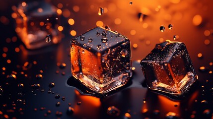 Orange and black ice cubes with water drops on orange and black background.