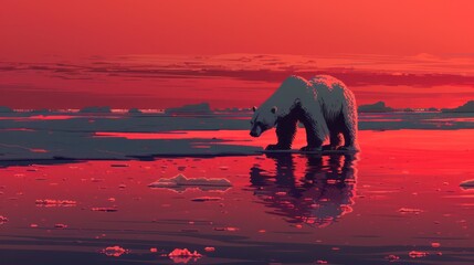 Obraz premium A serene polar bear stands on icy terrain, reflecting the vibrant colors of a sunset over a tranquil water surface.
