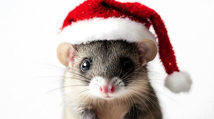 Mouse in a New Year's hat, isolated on a white background. Funny festive New Year's Eve opossum, cute animal dressed in Santa clothes. Celebrating Christmas 2025. Generation AI