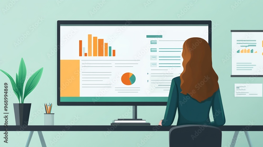 Poster woman sitting at a desk in front of a computer monitor, analyzing business data on the screen.