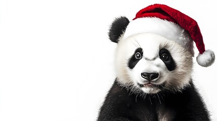 Naklejka premium Panda in a New Year's hat, isolated on a white background. Funny festive New Year panda, cute animal dressed in Santa clothes. Celebrating Christmas 2025. Generation AI