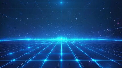 A stunning digital landscape featuring a blue grid and starry background, perfect for technology or futuristic themes.