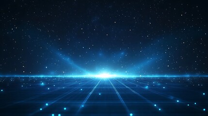 A stunning digital landscape featuring a glowing blue horizon and twinkling stars, evoking a sense of vastness and mystery.