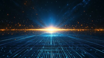 A stunning digital landscape featuring a bright horizon with radiant light and starry sky, symbolizing technology and the infinite.