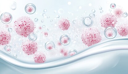 Molecular illustration with collagen bubble and vitamin isolated on soft color background. Concept skin care cosmetics solution. 3D rendering.