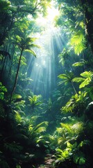 Lush green rainforest with sunlight filtering through dense foliage, creating an enchanting and serene natural landscape.