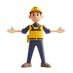 3D illustration of a smiling construction worker in yellow safety gear, welcoming with open arms. Ideal for construction and safety themes.
