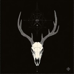 Fototapeta premium Hand drawn deer skull with sacred geometric symbol on vintage black background. Abstract mystic sign.