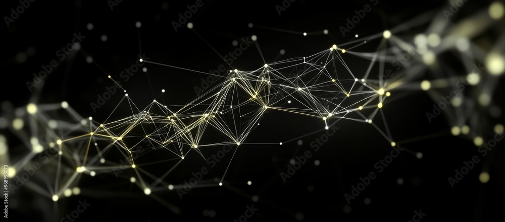 Poster abstract background with a dynamic wave. gold hexagon wave of particles and lines. big data visualiz