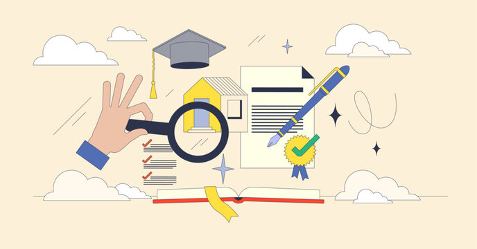 Real estate continuing education and tendencies study neubrutalism concept. Learning housing market value, legal documentation and development to be professional agent or broker vector illustration.