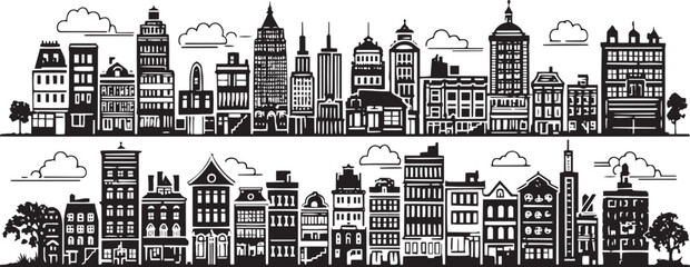 City landscape. Line urban backdrop. Skyline with clouds, different buildings on street, doodle street draw, outline cityscape hand sketch, flat houses. Hand drawn vector illustration	