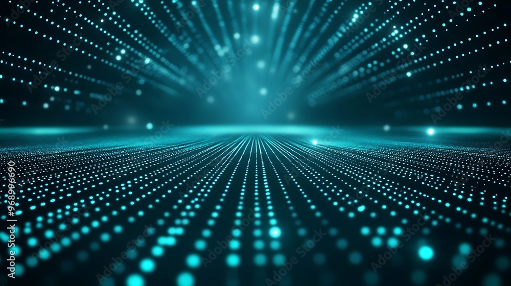 Poster a stunning digital landscape of glowing dots and lines, creating a mesmerizing depth effect in a vib