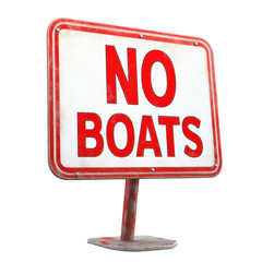 A weathered sign with bold red letters stating 'NO BOATS,' indicating a restriction on boat access in the area.