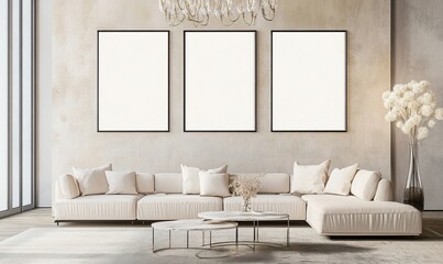 Modern living room with a beige sofa, marble coffee table, and flower vase, 3D rendered