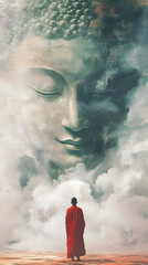 A serene scene where a monk in a vivid red robe stands with their back to the viewer, gazing up at a colossal, ethereal Buddha face that seems to form out of mist and smoke