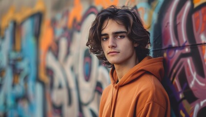 Naklejka premium Urban Street Photography Handsome young man in an orange hoodie and brown sweatshirt, with shoulder-length hair, stands against the background of graffiti-covered walls.
