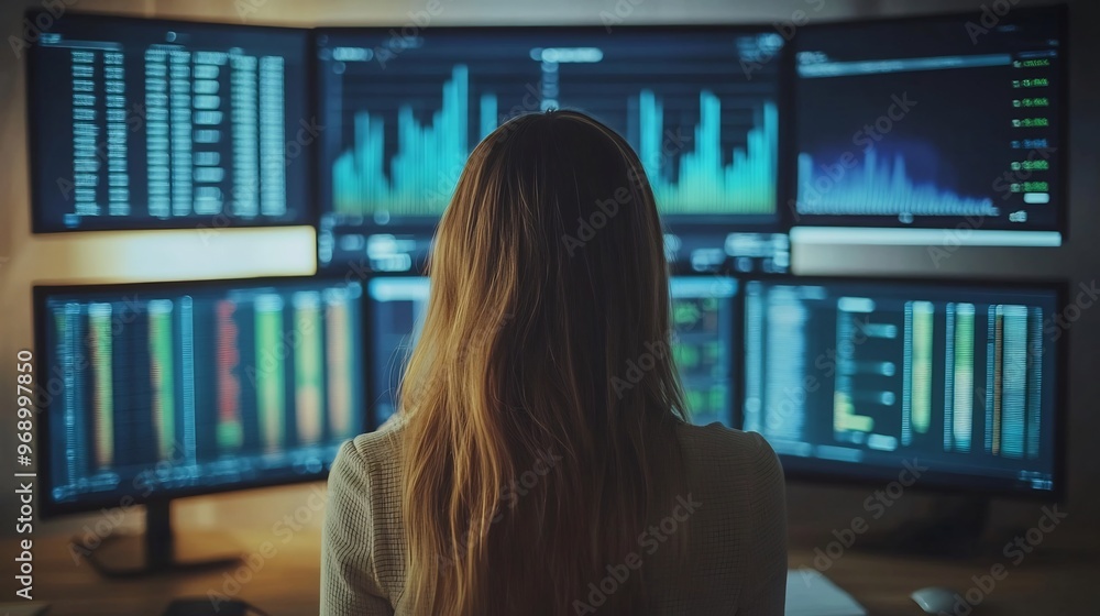 Poster woman with long hair sits in front of multiple monitors displaying graphs and data.