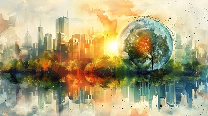Naklejka premium Cityscape with Earth Globe and Watercolor Effect.