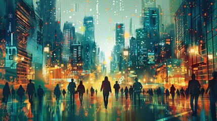 Cityscape with Silhouettes of People.