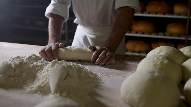 Baker kneading dough into baguette shapes on a worktable