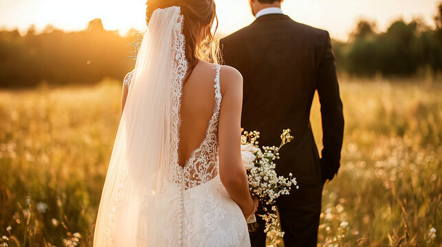 Romantisches Brautpaar im goldenen Licht des Sonnenuntergangs in einem Feld &ndash; perfekter Moment f&uuml;r Hochzeitsfotografie und Outdoor-Hochzeitsfeiern