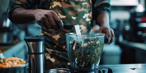 Camouflaged Cuisine: A cook preparing meal in a camouflage apron, using a camouflaged blender and food processor.