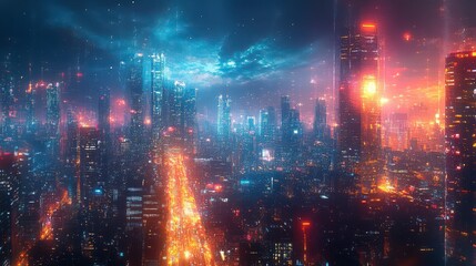 Fototapeta premium Abstract vibrant city skyline with dynamic lights and energy