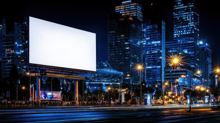 A blank billboard in a modern urban setting at night, surrounded by illuminated skyscrapers and city lights, perfect for advertising.