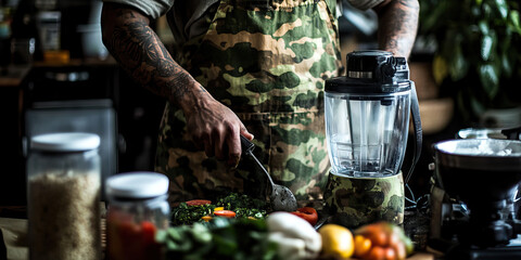 Camouflaged Cuisine: A cook preparing meal in a camouflage apron, using a camouflaged blender and food processor.