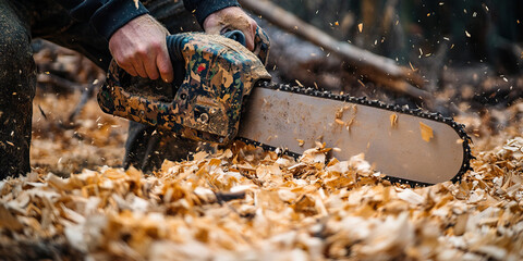 Camo Craftsmanship: A skilled woodworker using a camouflage-wrapped chainsaw, surrounded by wood shavings on the forest floor.