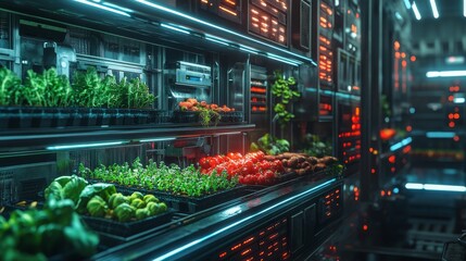 Futuristic AI-powered food production systems using vertical farming techniques: AI managing vertical farms for efficient food production in urban areas.