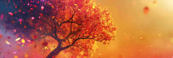 abstract banner with a stylized tree silhouette, abstract shapes in autumn colors