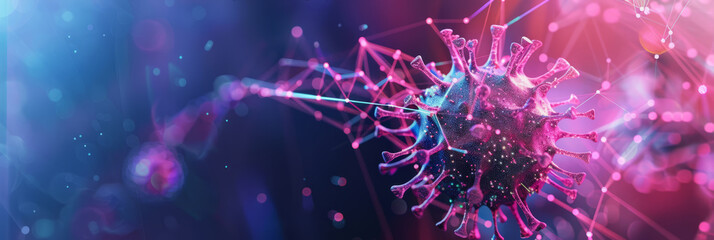 abstract representation of a virus under a microscope, with data points around it indicating infection rates .