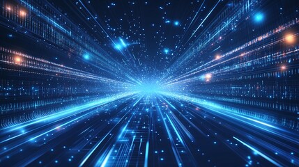 Naklejka premium A vibrant abstract representation of light speed, showcasing dynamic blue lines and star-like elements in a cosmic backdrop.