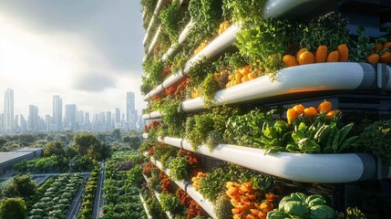 Futuristic AI-powered food production systems using vertical farming techniques: AI managing vertical farms for efficient food production in urban areas.