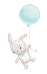 Cute baby bunny is flying with blue balloon. Watercolor animal isolated hand drawn illustration