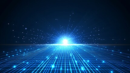 Fototapeta premium A vibrant blue glowing light emerges from a digital grid, representing technology and innovation in a futuristic environment.