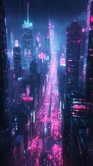 Abstract vibrant city skyline with dynamic lights and energy