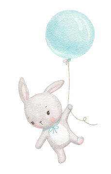 Cute baby bunny is flying with blue balloon. Watercolor animal isolated hand drawn illustration