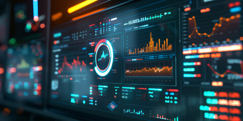 Obraz premium A high-tech computer screen displaying a detailed network monitoring dashboard with real-time data analytics and system health indicators.