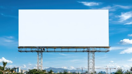 Obraz premium Blank billboard against a clear blue sky, perfect for advertising space or creative design ideas with urban background.