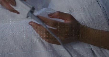 Animation of cardiographs over senior biracial woman lying in hospital bed - Powered by Adobe