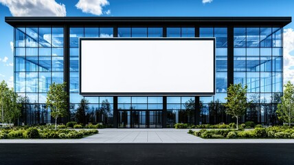 Obraz premium Modern glass building with a large blank billboard, surrounded by greenery and clear skies, ideal for commercial advertising.
